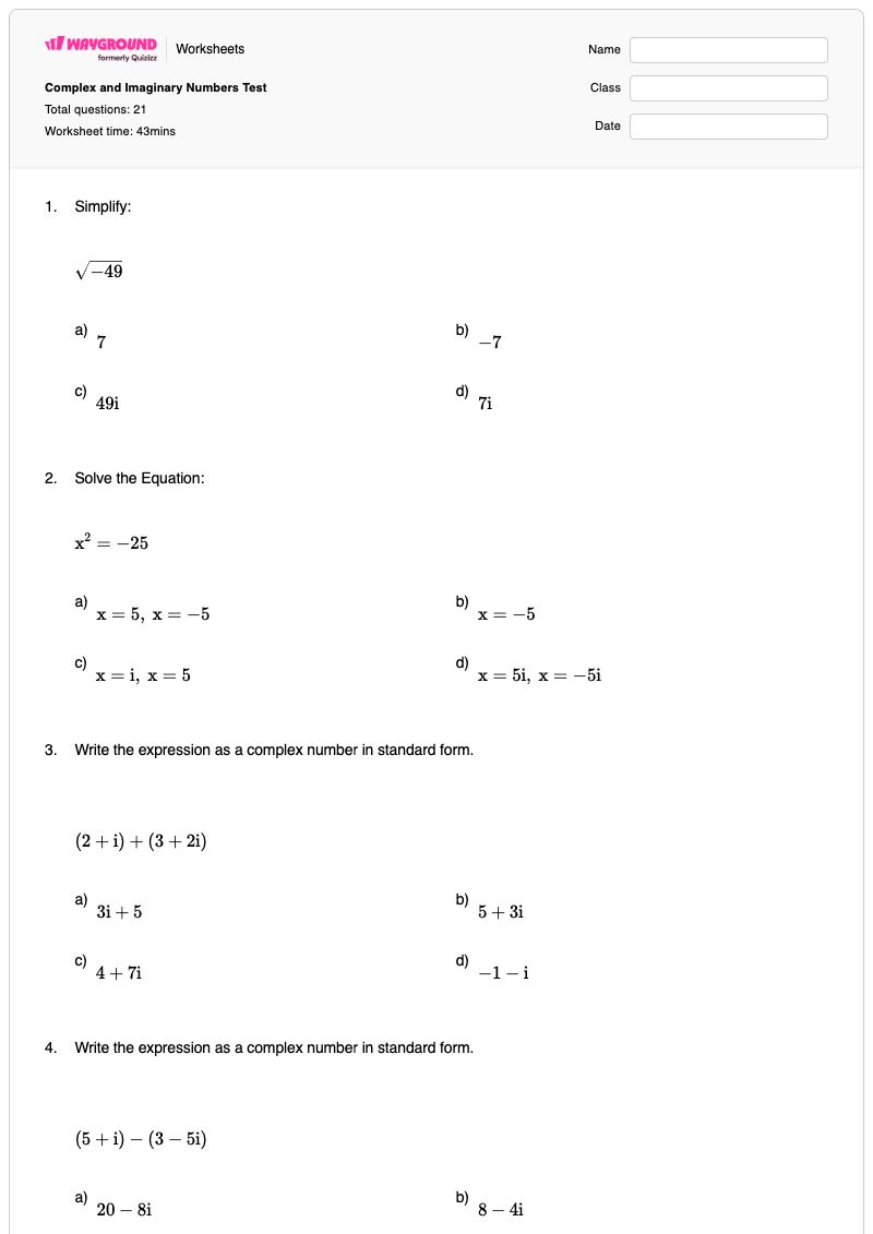 Complex and Imaginary Numbers Test - พิมพ์ได้ Imaginary-numbers เวิร์กชีท - Wayground