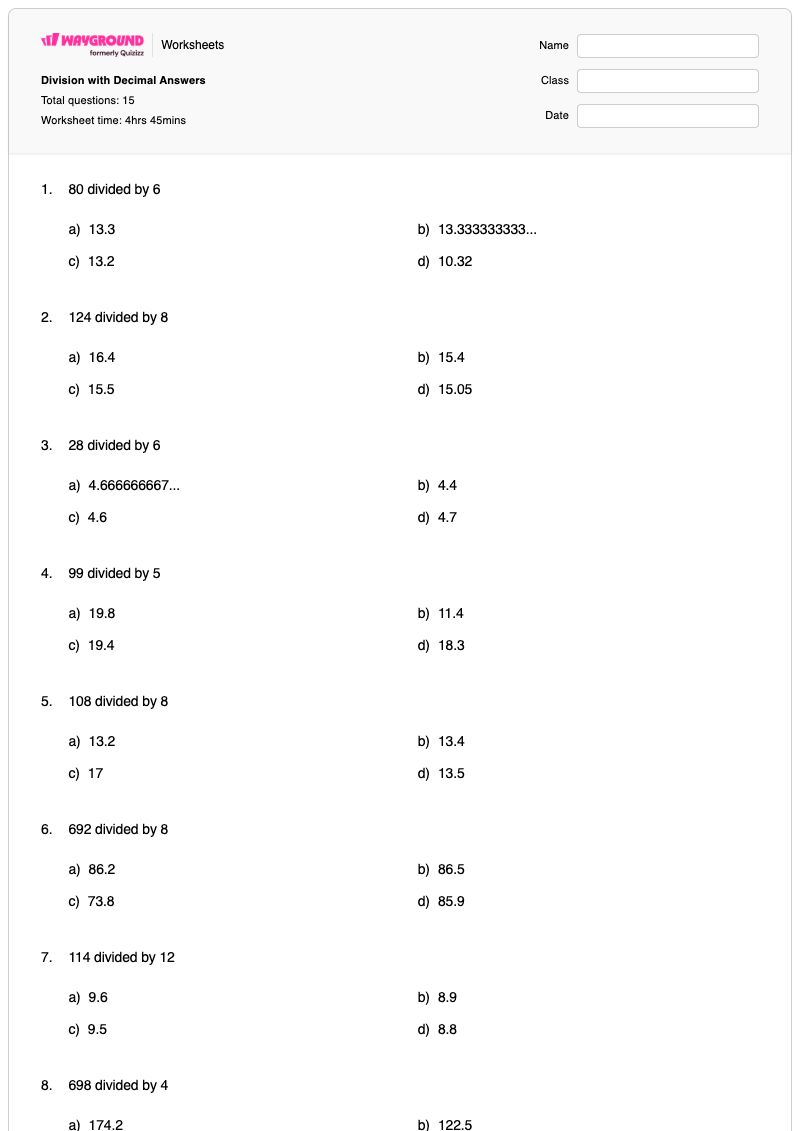 Division with Decimal Answers - Printable Division Worksheets - Wayground