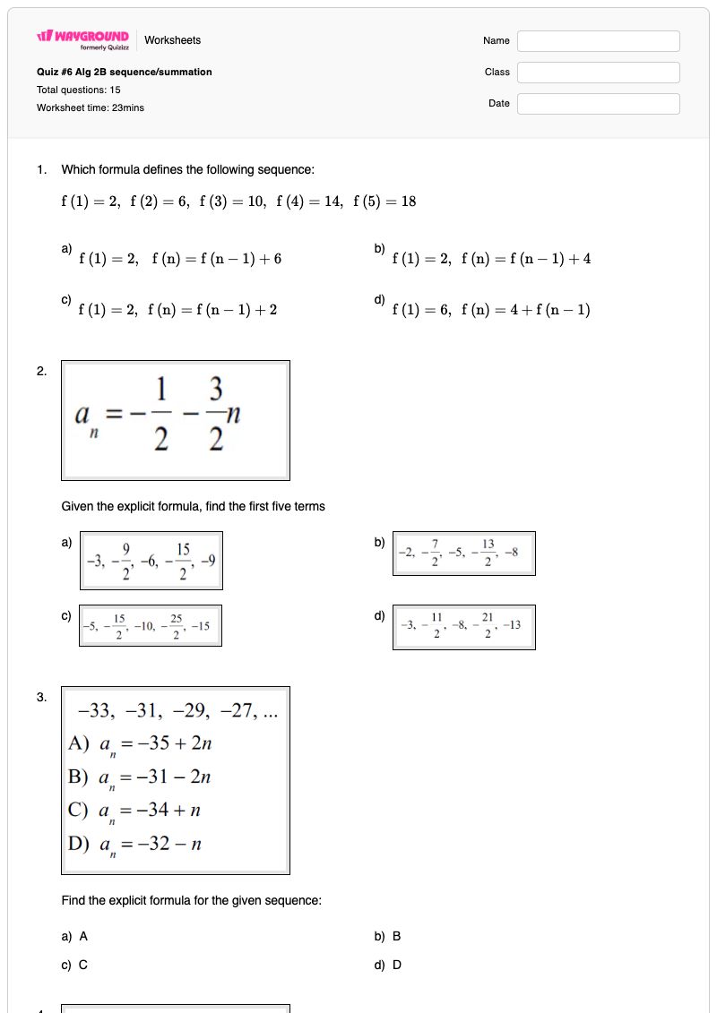 Quiz #6 Alg 2B sequence/summation  - Printable Algebra-2 Worksheets - Wayground