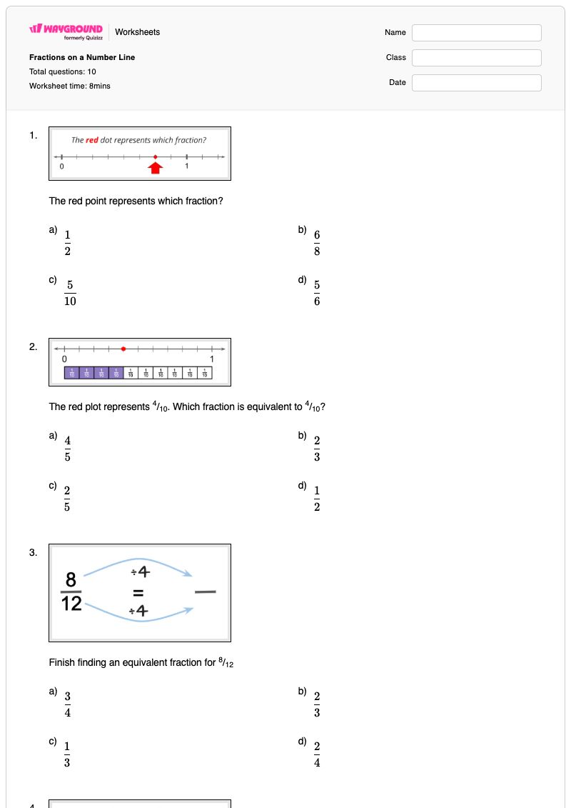 Fractions on a Number Line - พิมพ์ได้ เศษส่วนบนเส้นจำนวน เวิร์กชีท ระดับ 4 - Wayground