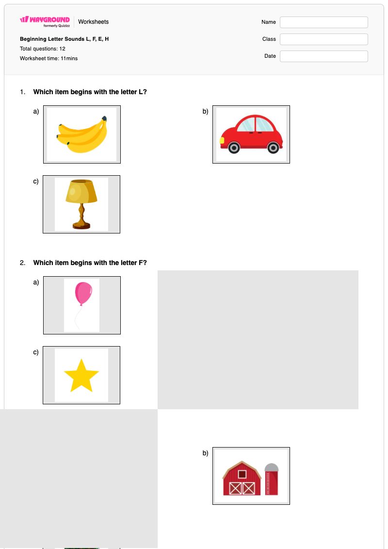 Beginning Letter Sounds L, F, E, H - Printable The-letter-f Worksheets - Wayground