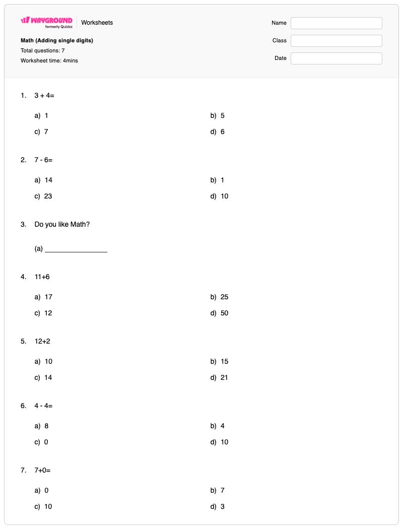 Math (Adding single digits) - Printable Subtraction Worksheets - Wayground