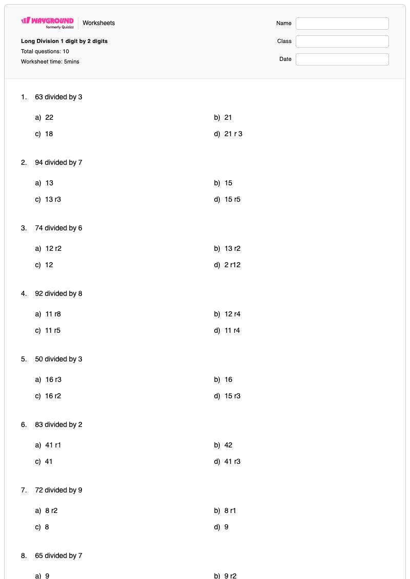 Long Division 1 digit by 2 digits - Printable Division Worksheets - Wayground