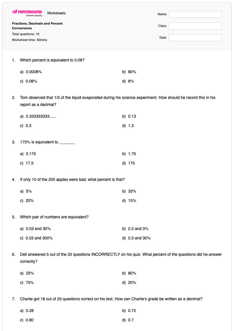 Fractions, Decimals and Percent Conversions - Printable Fraction,-decimal,-and-percent-conversion Worksheets - Wayground