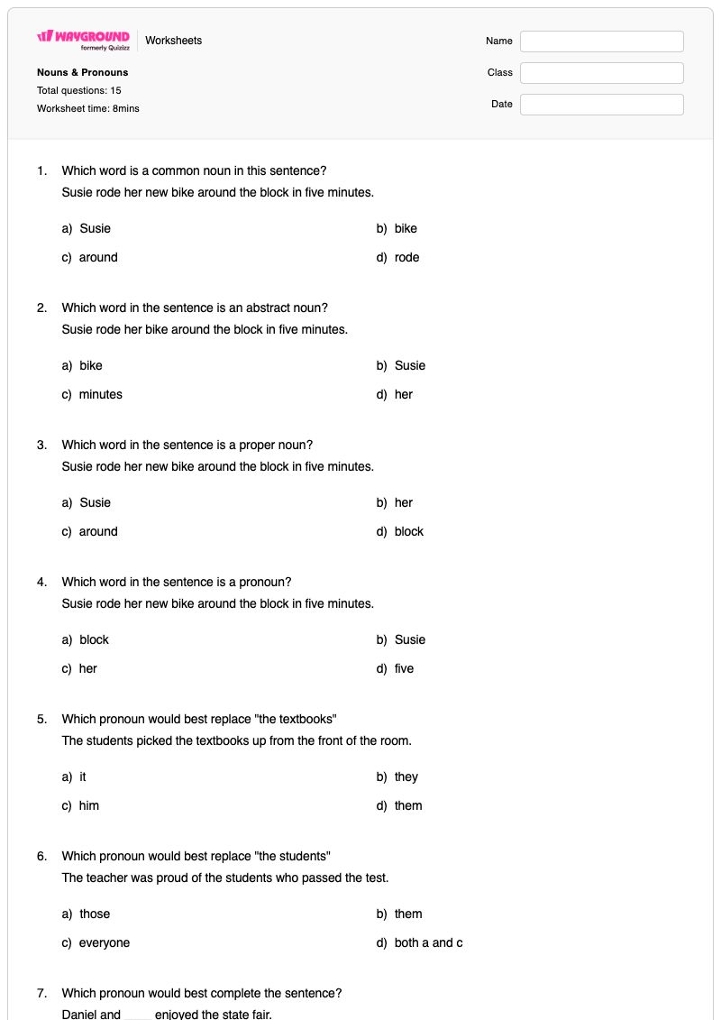 Nouns & Pronouns - Printable Proper-nouns Worksheets - Wayground