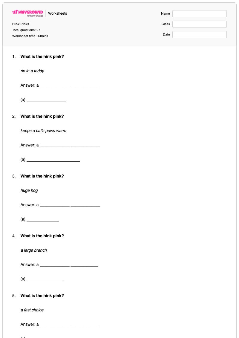 Hink Pinks - Printable Rebus-puzzles Worksheets Kindergarten - Wayground