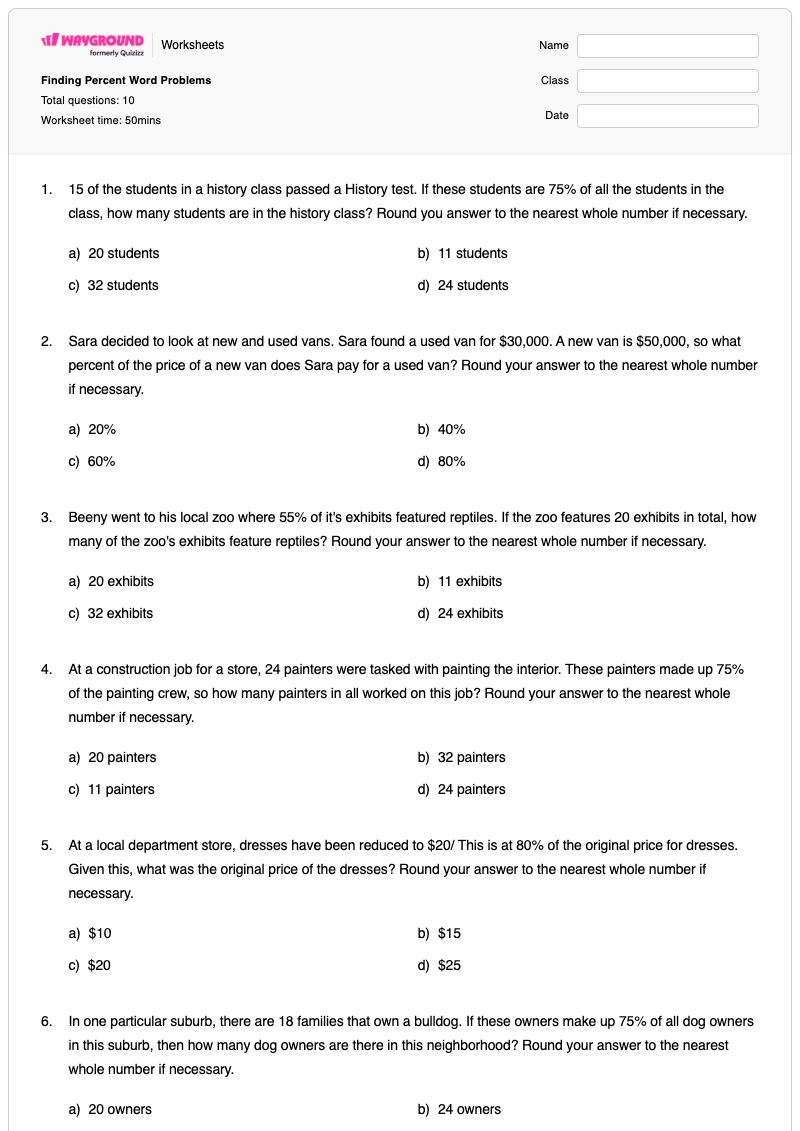 Finding Percent Word Problems - พิมพ์ได้ โจทย์ปัญหาเกี่ยวกับเปอร์เซ็นต์ เวิร์กชีท - Wayground
