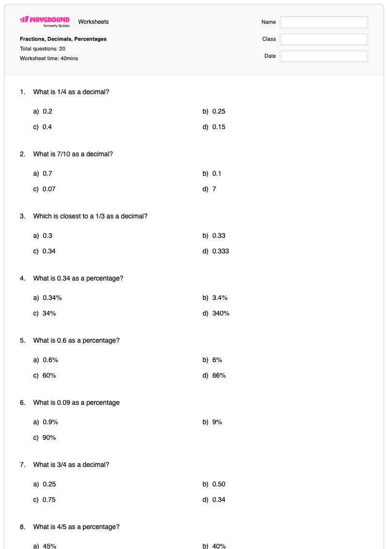 Fractions, Decimals, Percentages - Printable Converting-fractions-to-decimals Worksheets - Wayground