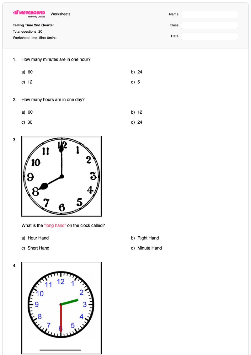 Telling Time 2nd Quarter - Printable Time Worksheets - Wayground