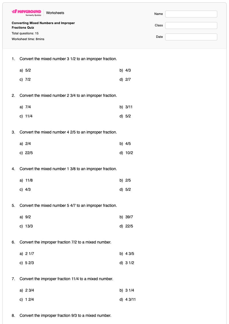 Converting Mixed Numbers and Improper Fractions Quiz - Printable Fractions Worksheets - Wayground