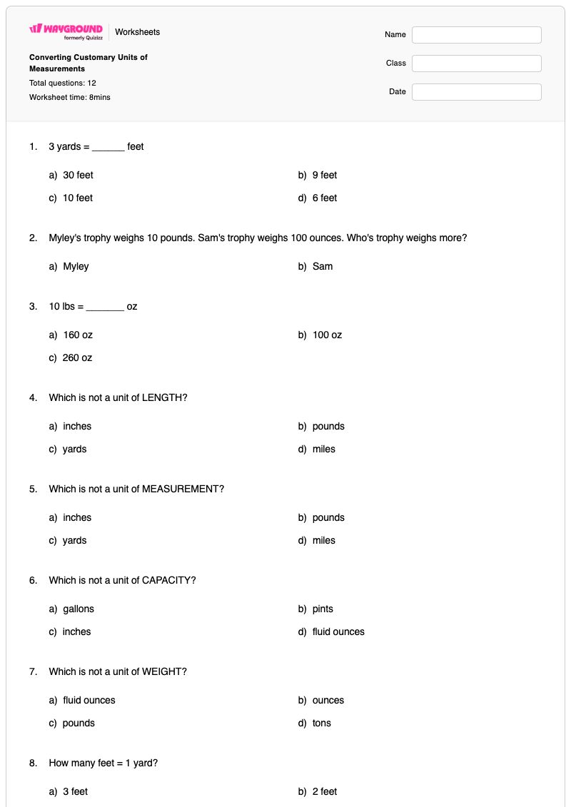 Converting Customary Units of Measurements - พิมพ์ได้ การแปลงหน่วยวัดแบบดั้งเดิม เวิร์กชีท - Wayground