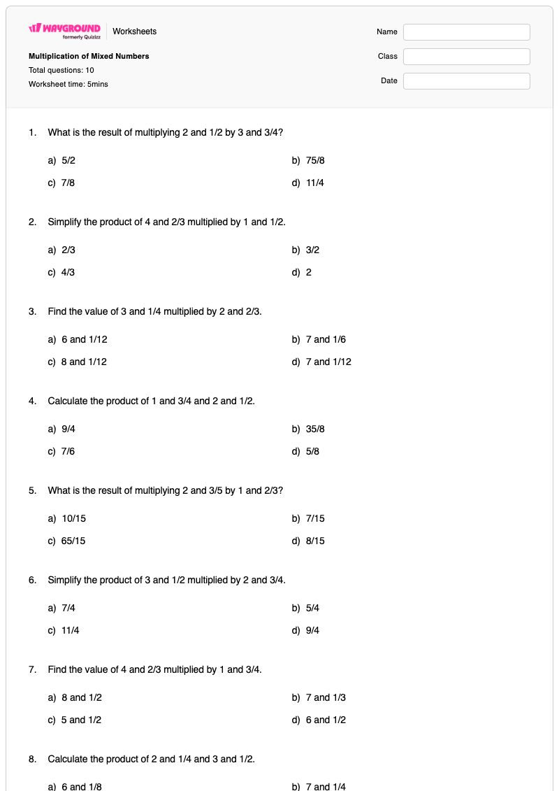 Multiplication of Mixed Numbers - Printable Multiplication Worksheets - Wayground