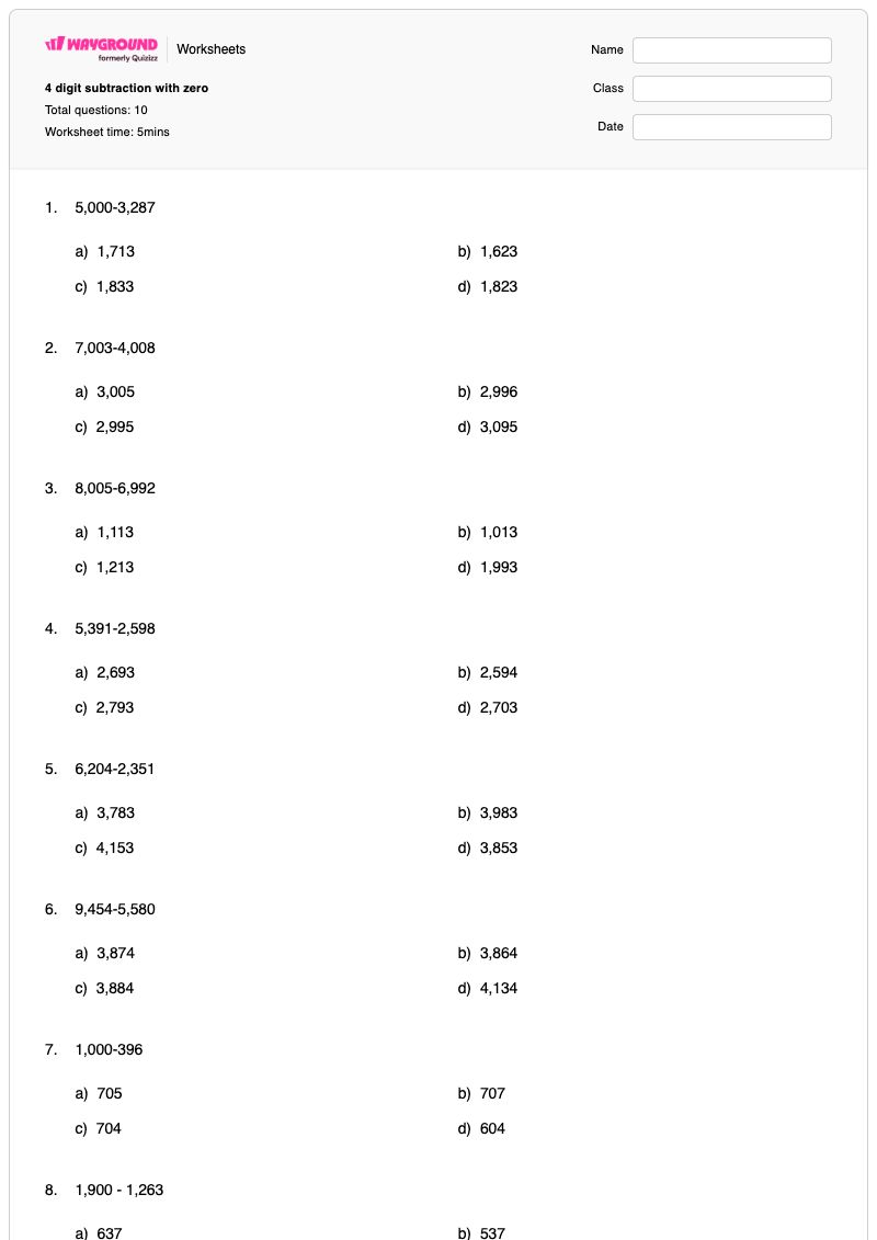 4 digit subtraction with zero - Printable Subtraction Worksheets - Wayground