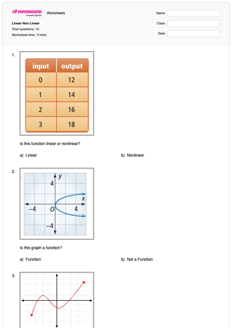 Non Linear Math Questions Linear Non Linear - Free Printable Worksheet | Wayground