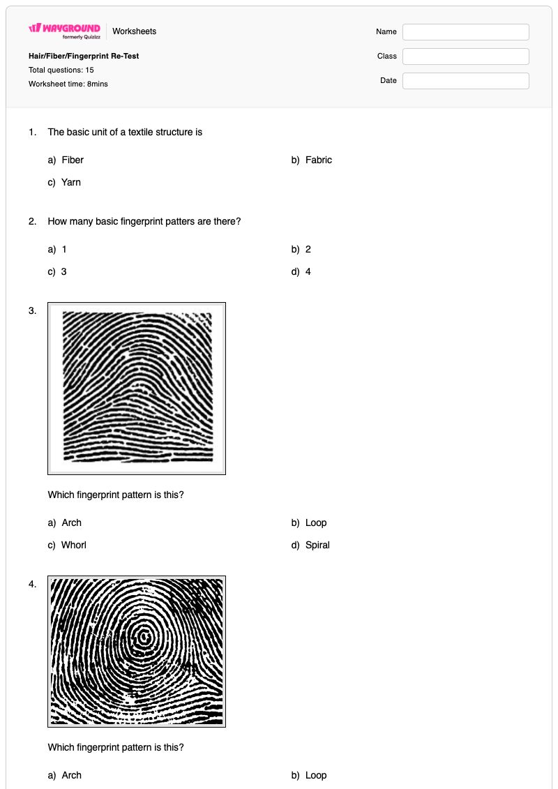 Hair/Fiber/Fingerprint Re-Test - พิมพ์ได้ การวิเคราะห์เส้นผมและเส้นใย เวิร์กชีท - Wayground