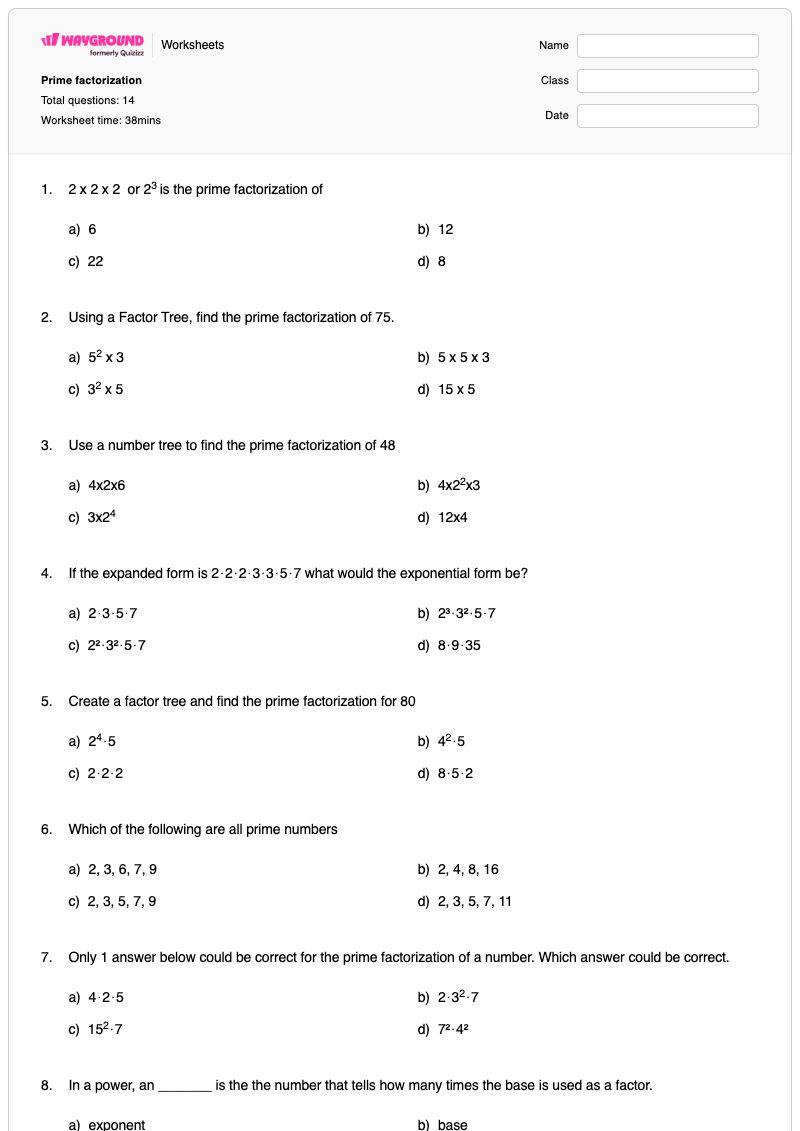 Prime factorization - พิมพ์ได้ การแยกตัวประกอบเฉพาะ เวิร์กชีท - Wayground