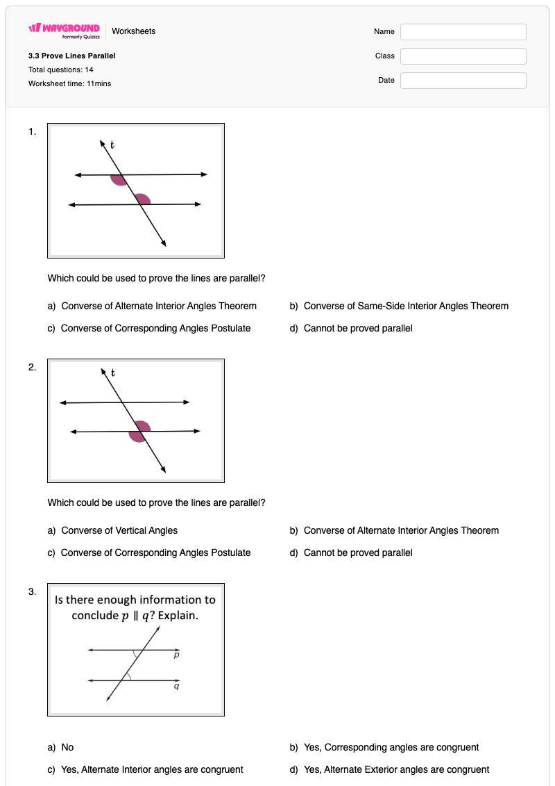3.3 Prove Lines Parallel - พิมพ์ได้ เส้นตัดขวางของเส้นขนาน เวิร์กชีท - Wayground