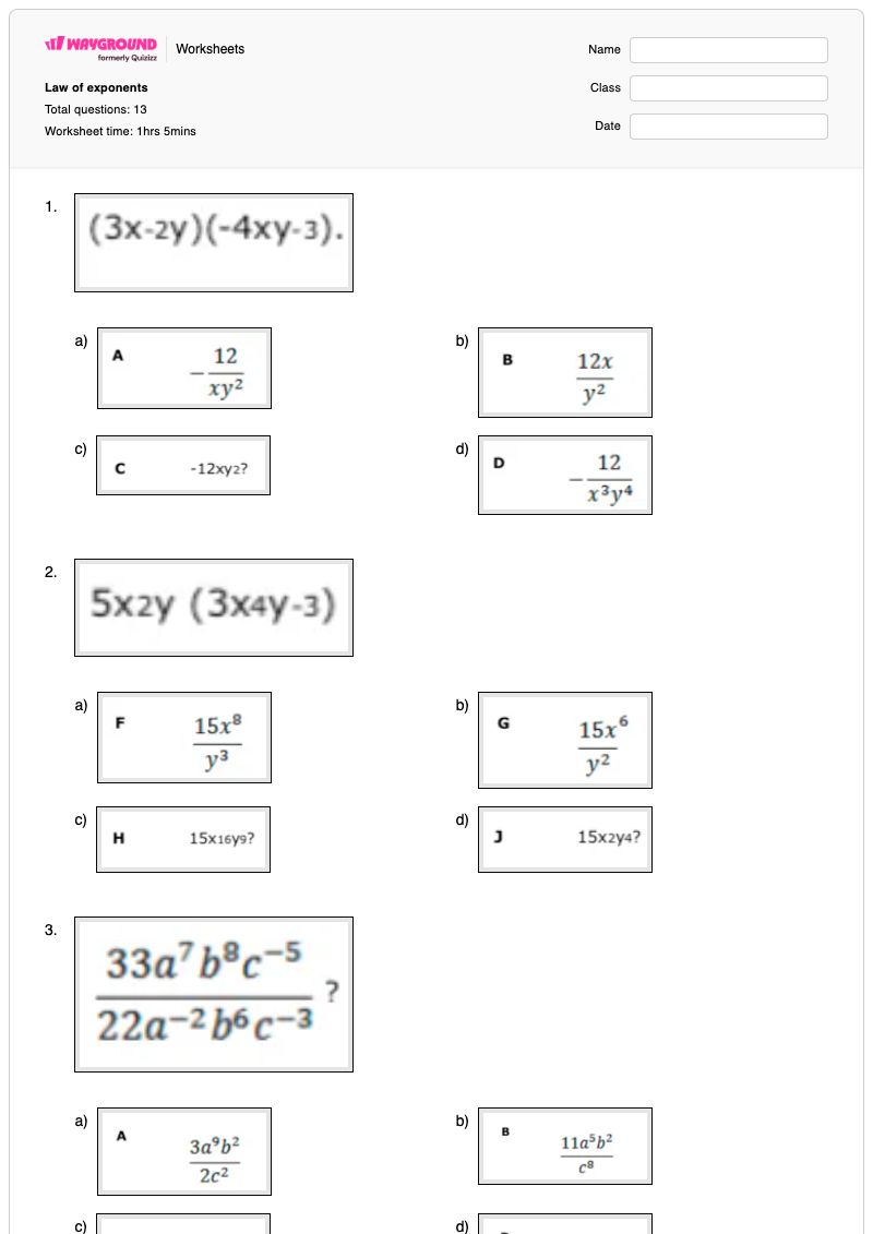 Law of exponents - Printable Algebra-2 Worksheets - Wayground