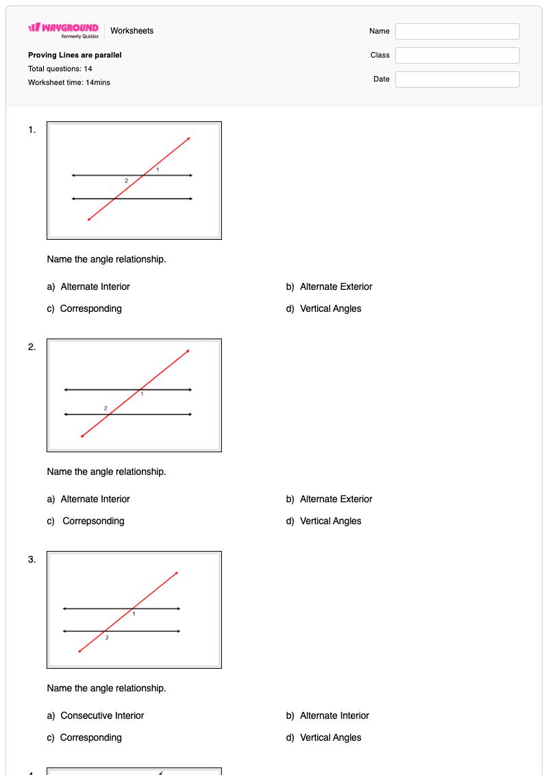 Proving Lines are parallel - Printable Algebra Worksheets - Wayground