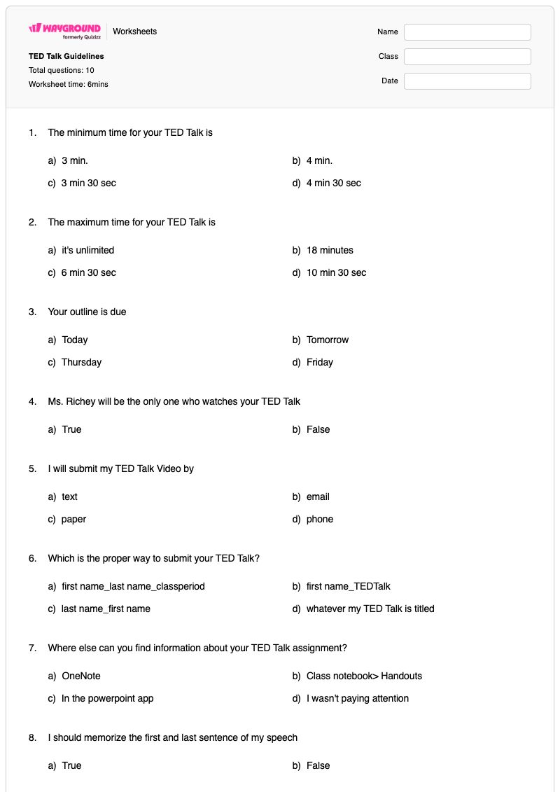 TED Talk Guidelines - Printable Power-to-a-power Worksheets - Wayground