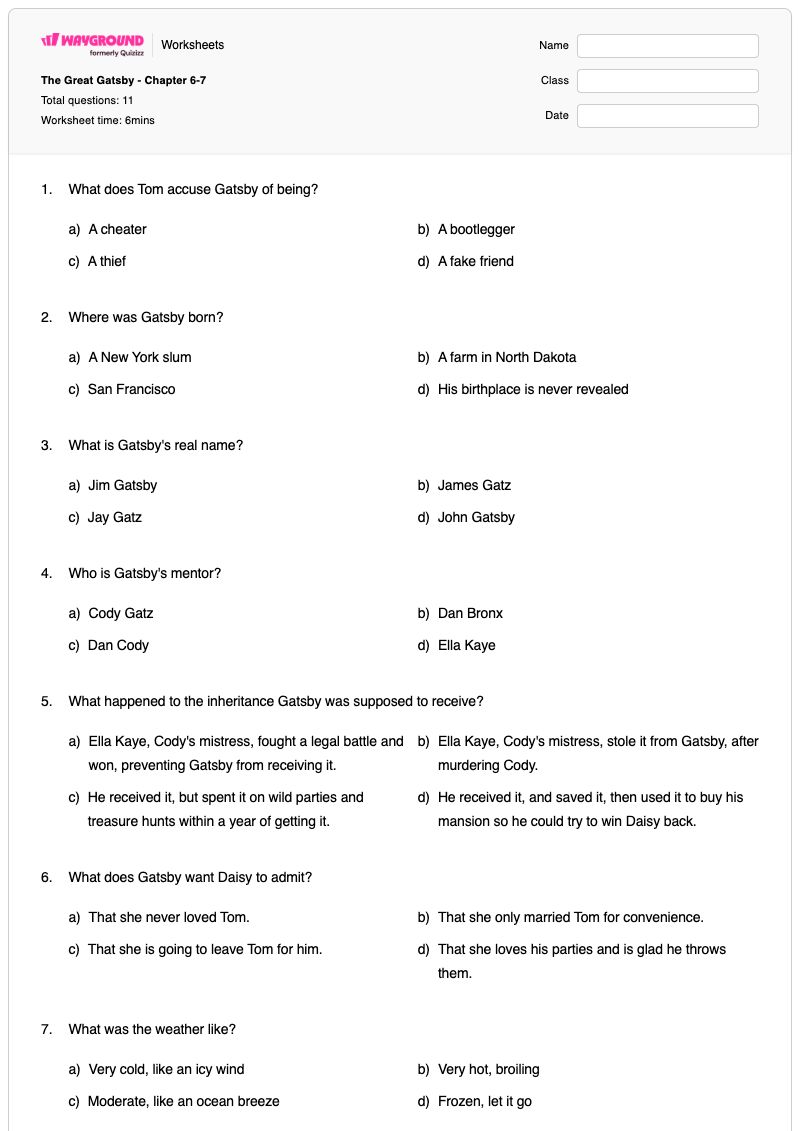 The Great Gatsby - Chapter 6-7 - Printable The-great-gatsby Worksheets - Wayground