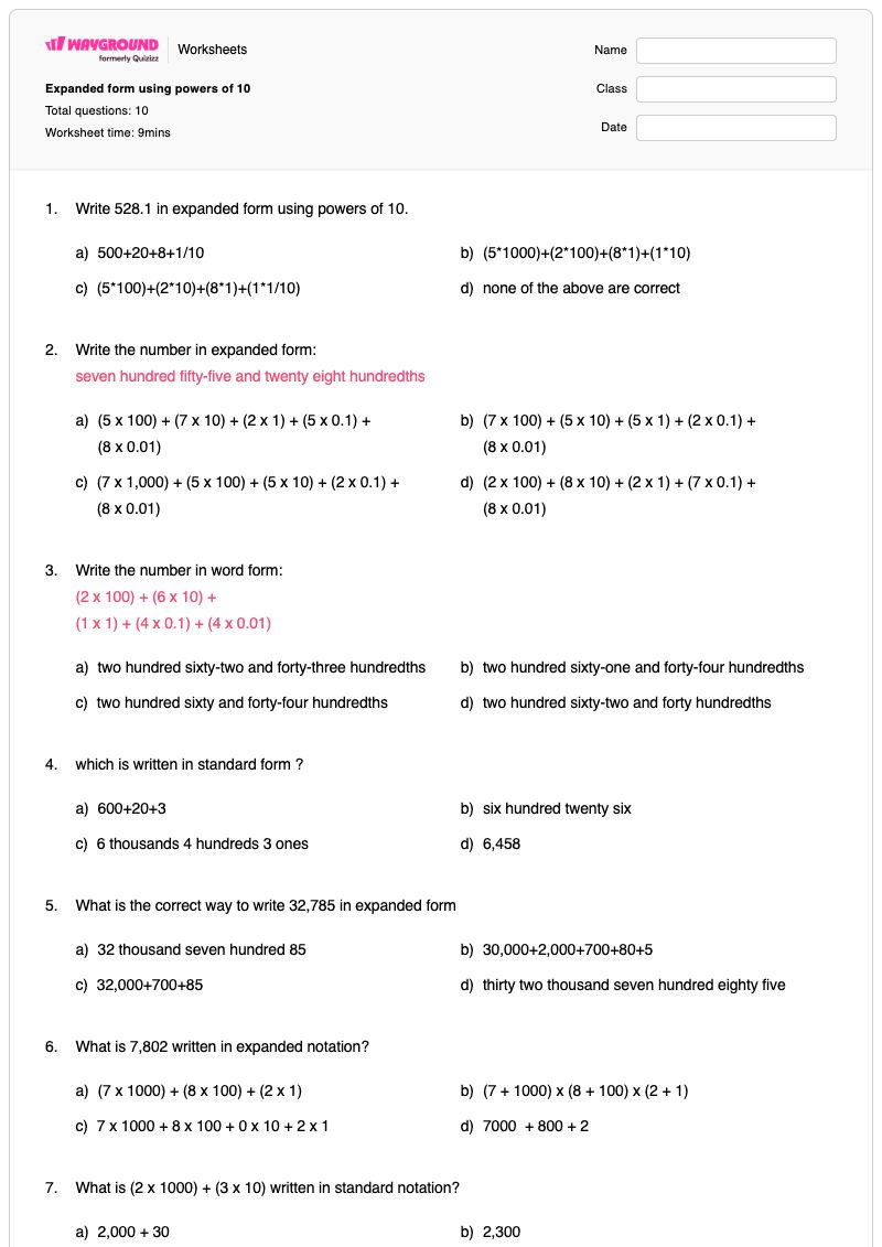 Expanded form using powers of 10 - Printable Powers-of-10 Worksheets - Wayground