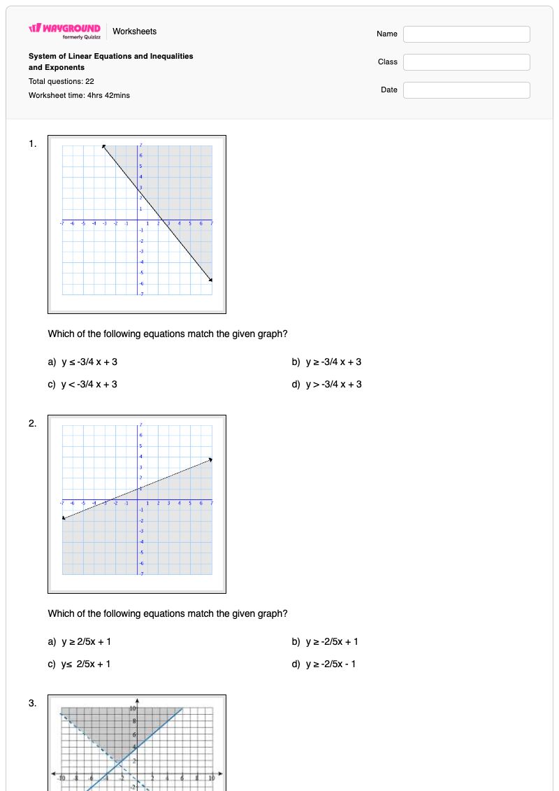 System of Linear Equations and Inequalities and Exponents - Printable Inequalities-and-system-of-equations Worksheets - Wayground
