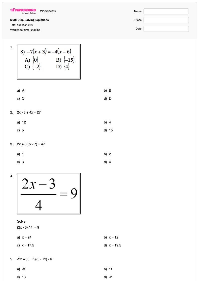 Multi-Step Solving Equations - พิมพ์ได้ สมการหลายขั้นตอน เวิร์กชีท - Wayground
