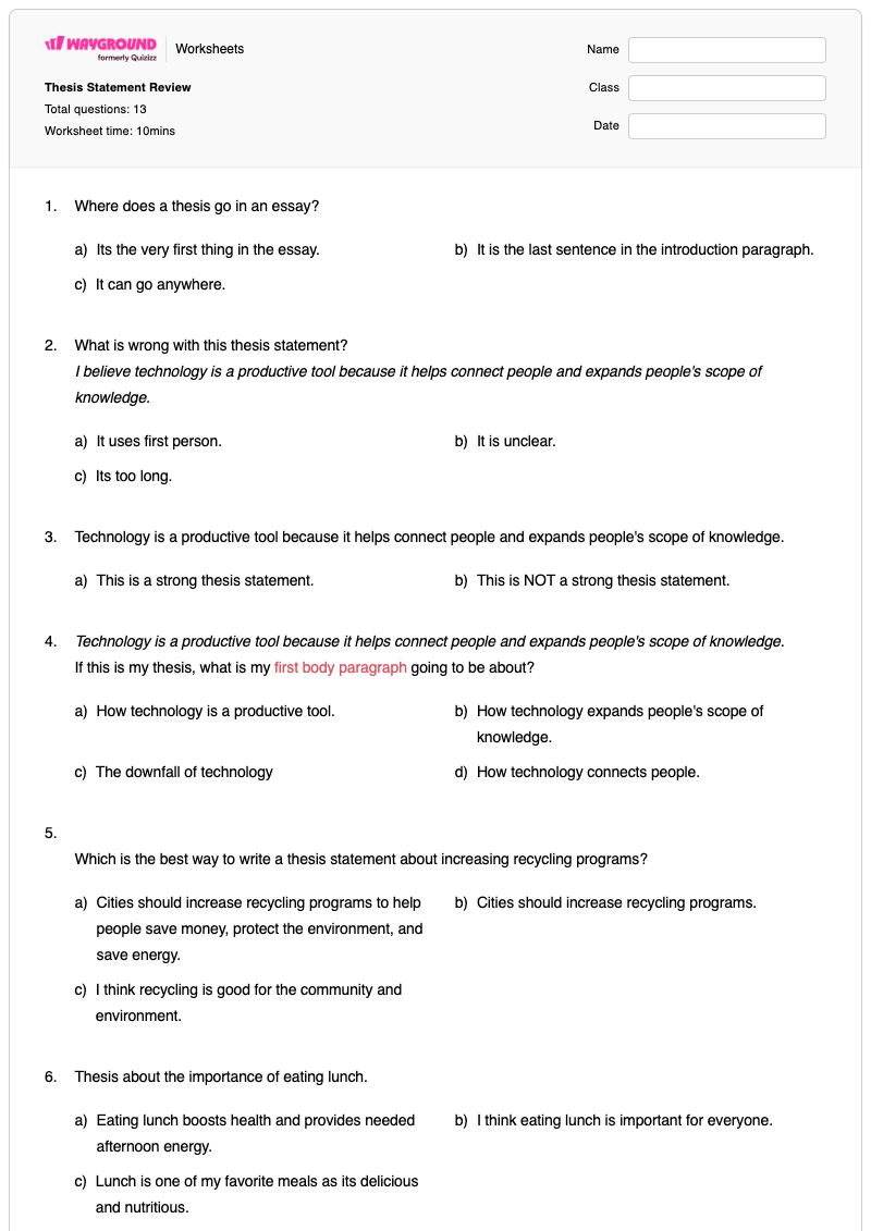 Thesis Statement Review - พิมพ์ได้ Thesis-statement เวิร์กชีท ระดับ 7 - Wayground