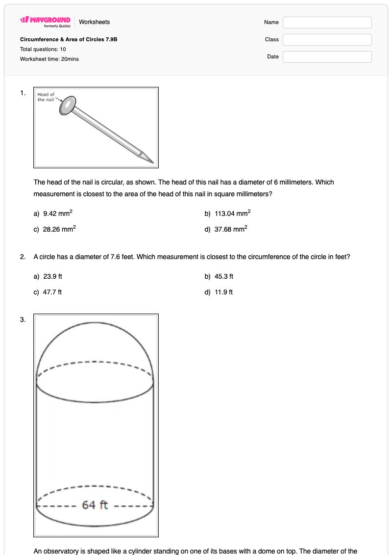 Circumference & Area of Circles 7.9B - พิมพ์ได้ พื้นที่และเส้นรอบวงของวงกลม เวิร์กชีท - Wayground