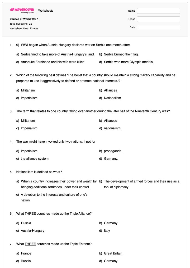Causes of World War 1 - Printable World-war-2-causes Worksheets Year 10 - Wayground