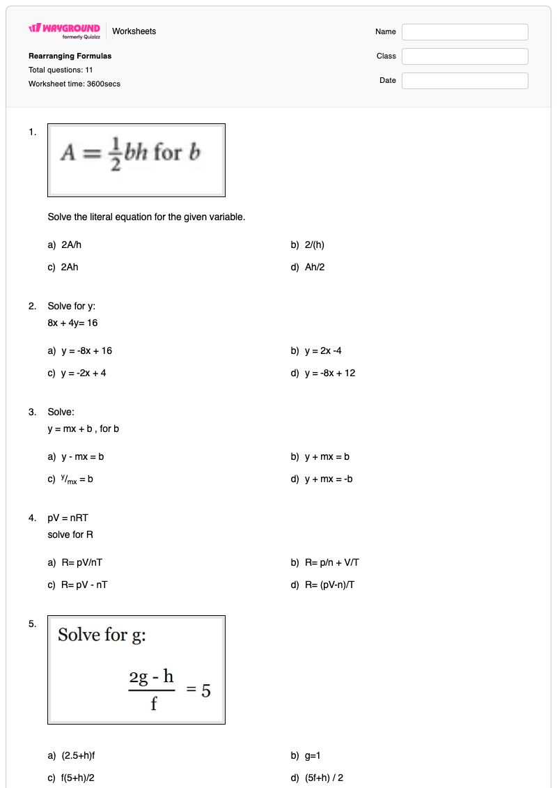 Rearranging Formulas - Printable Rearranging-formulas Worksheets Year 8 - Wayground