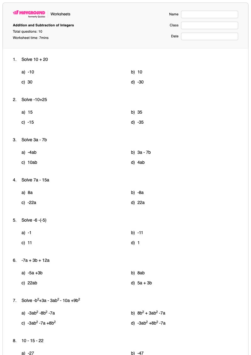 Addition and Subtraction of Integers - พิมพ์ได้ Addition-and-subtraction เวิร์กชีท - Wayground