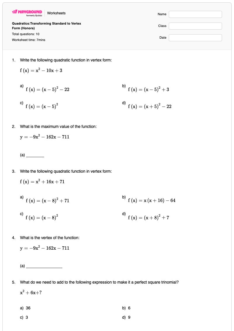 Quadratics:Transforming Standard to Vertex Form (Honors) - พิมพ์ได้ Vertex-form เวิร์กชีท ระดับ 9 - Wayground