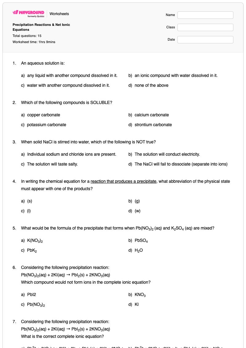 Precipitation Reactions & Net Ionic Equations - พิมพ์ได้ สมการไอออนสุทธิ เวิร์กชีท - Wayground