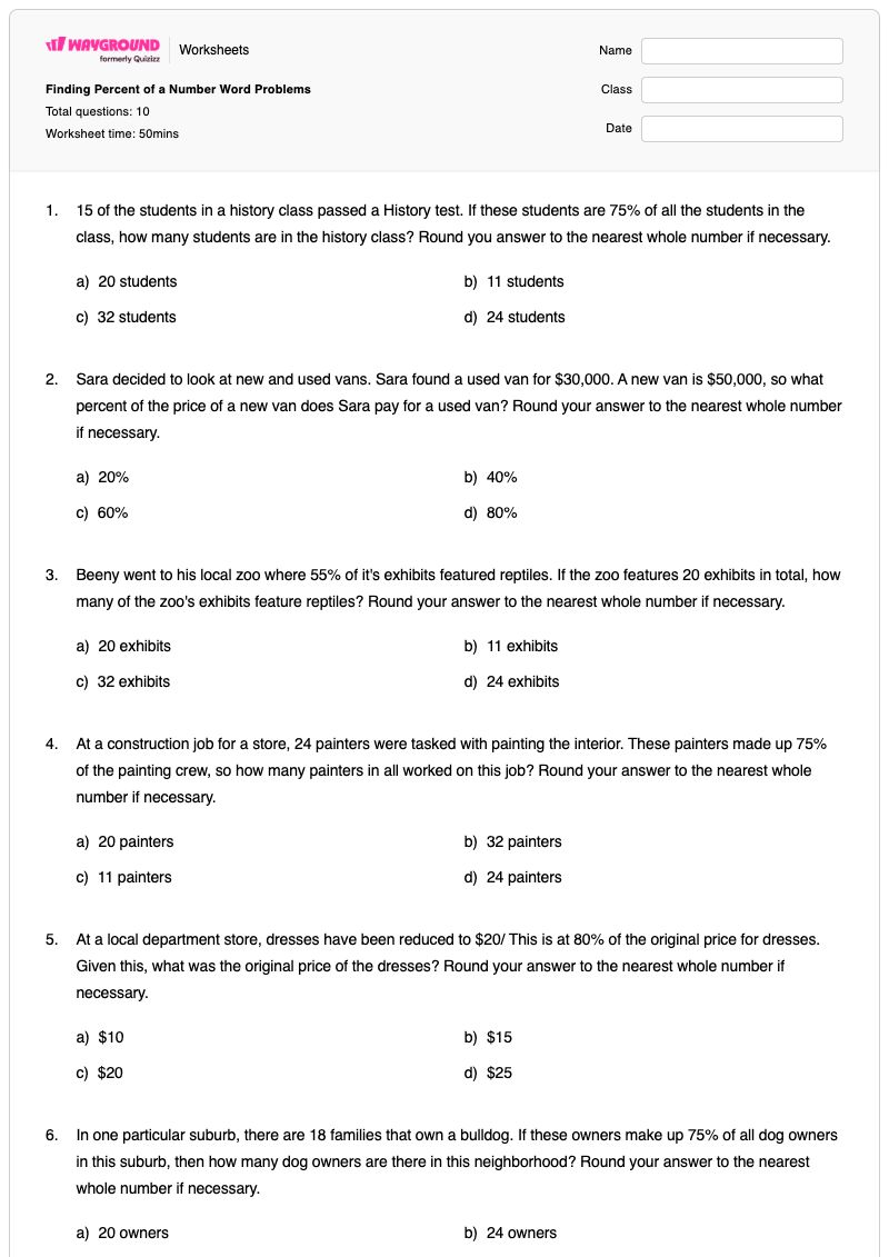 Finding Percent of a Number Word Problems - พิมพ์ได้ โจทย์ปัญหาเกี่ยวกับเปอร์เซ็นต์ เวิร์กชีท - Wayground
