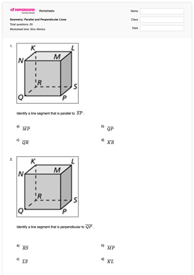 Geometry: Parallel and Perpendicular Lines - พิมพ์ได้ เส้นขนานและเส้นตั้งฉาก เวิร์กชีท - Wayground