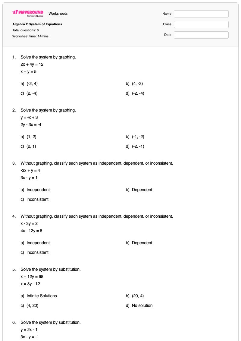 Algebra 2 System of Equations - Printable Algebra-2 Worksheets - Wayground