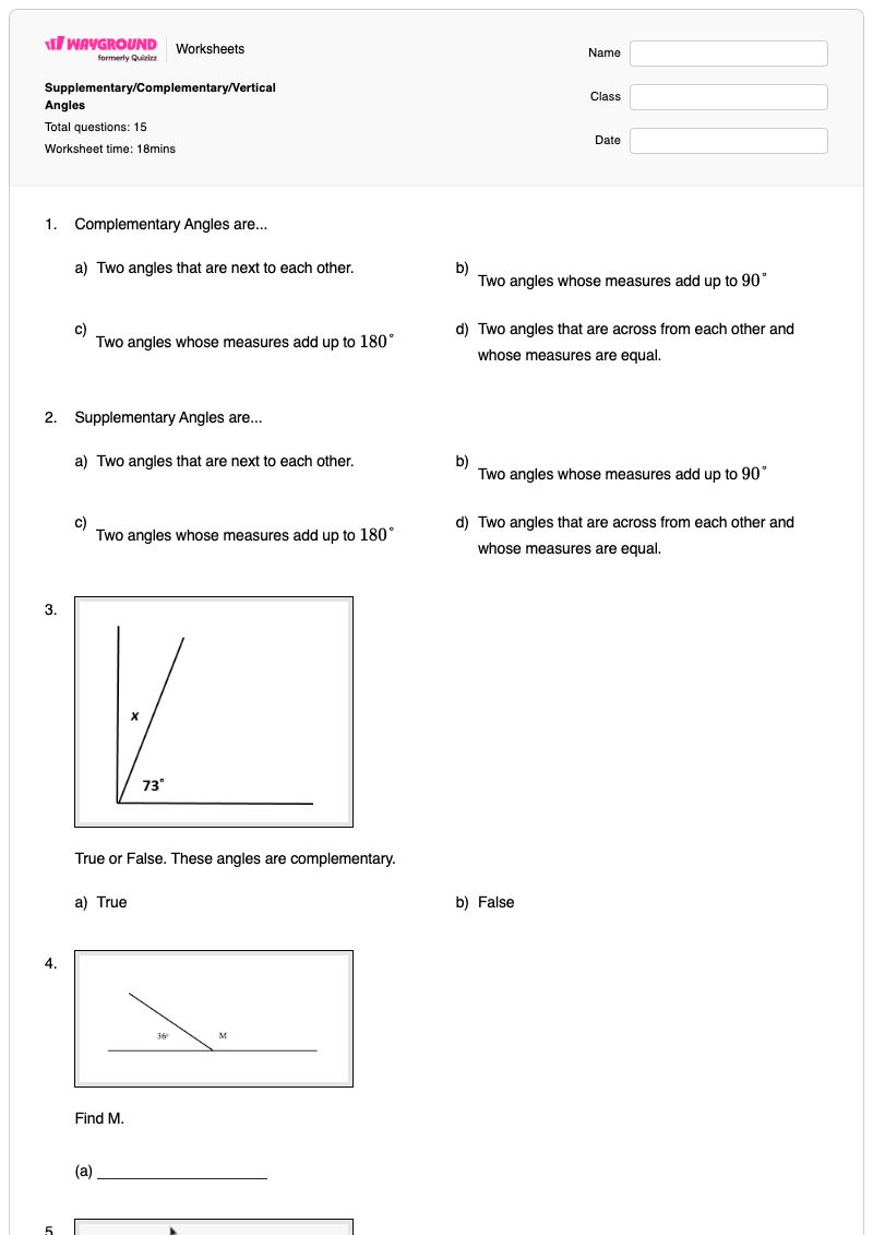 Supplementary/Complementary/Vertical Angles - Printable Angles Worksheets - Wayground