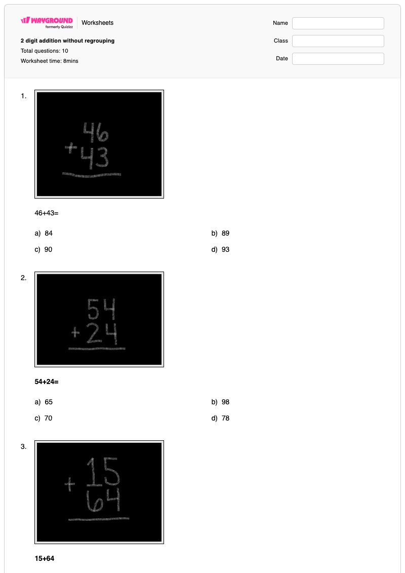 2 digit addition without regrouping  - พิมพ์ได้ ส่วนที่เพิ่มเข้าไป เวิร์กชีท - Wayground