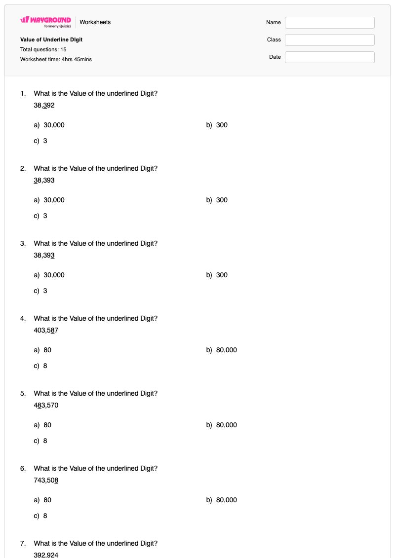 Value of Underline DIgit - Printable Value-of-digits Worksheets - Wayground