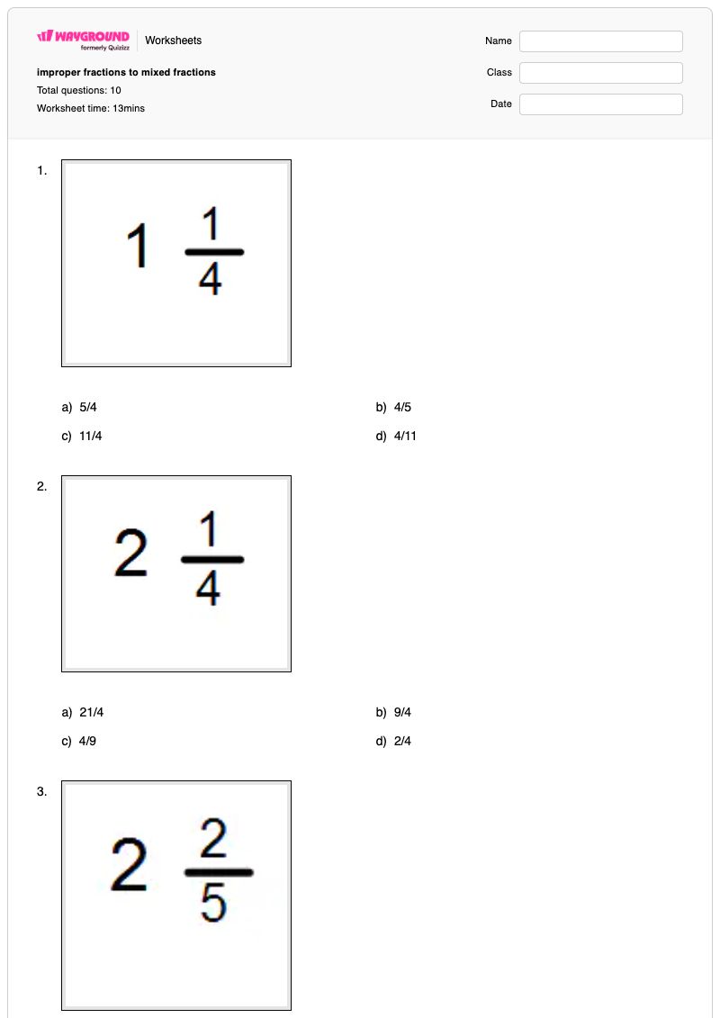 improper fractions to mixed fractions - Printable Fractions Worksheets - Wayground