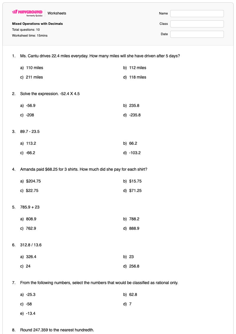 Mixed Operations with Decimals - Printable Mixed-operations Worksheets - Wayground