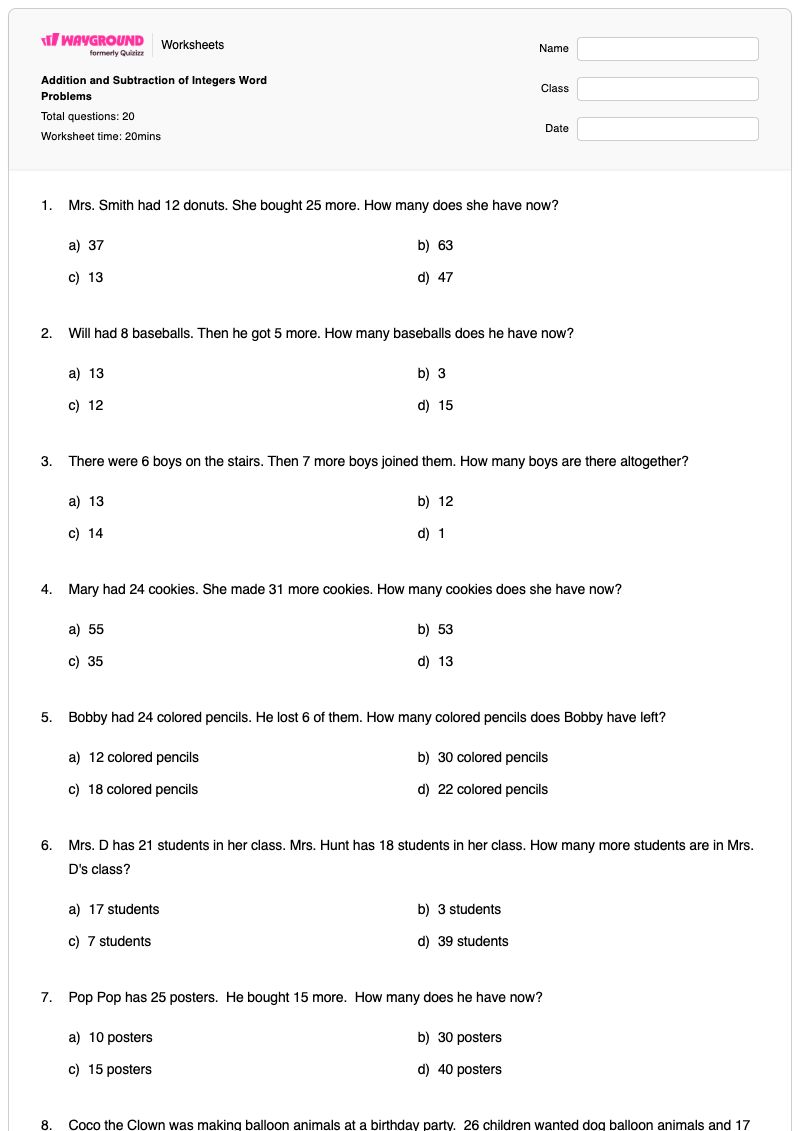 Addition and Subtraction of Integers Word Problems - พิมพ์ได้ โจทย์ปัญหาเกี่ยวกับการลบ เวิร์กชีท - Wayground