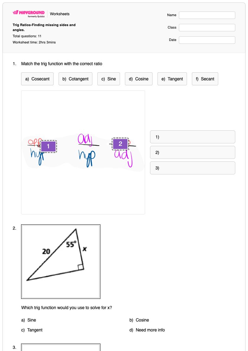 Trig Ratios-Finding missing sides and angles. - พิมพ์ได้ ฟังก์ชันโคเซแคนต์ เวิร์กชีท ระดับ 10 - Wayground