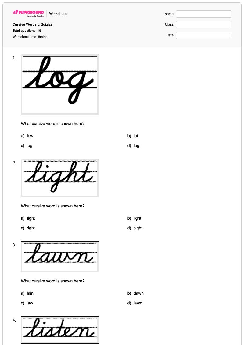 Cursive Words L Quizizz - พิมพ์ได้ Cursive-writing เวิร์กชีท ระดับ 3 - Wayground