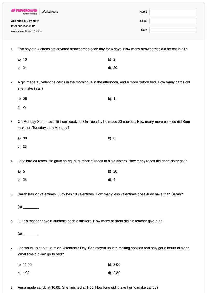 Valentine's Day Math - Printable Number-of-the-day Worksheets Class 2 - Wayground