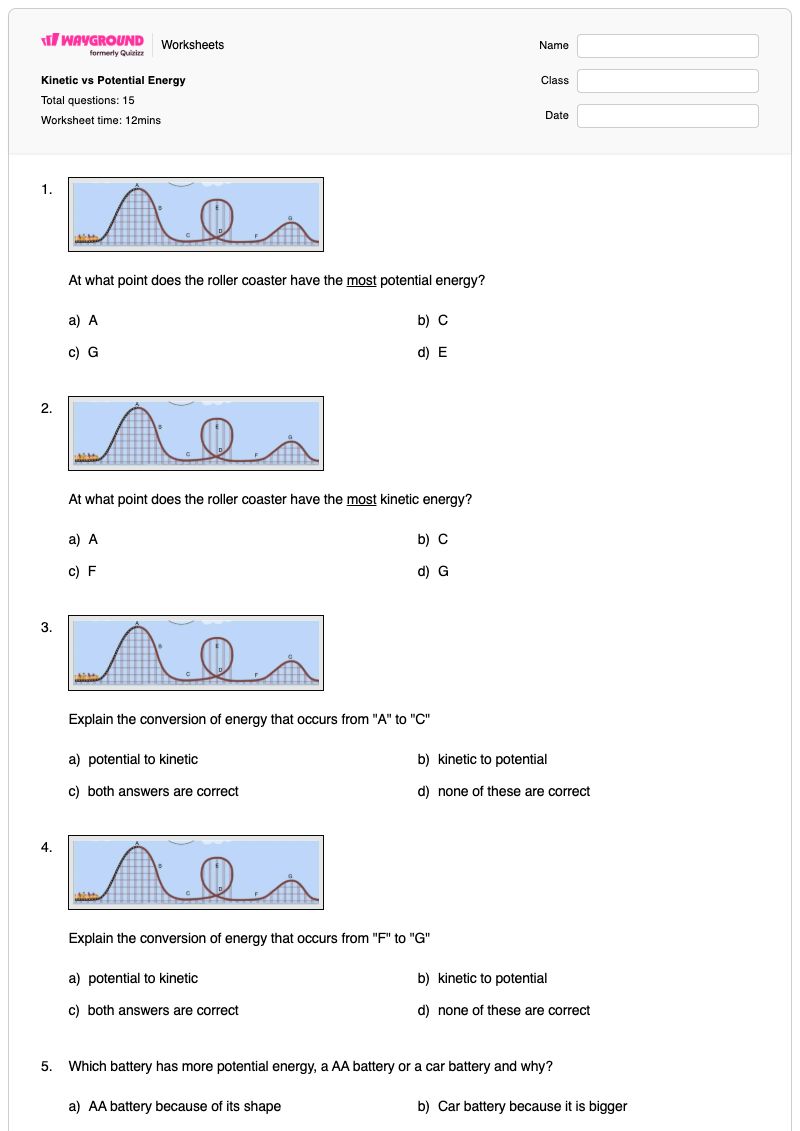 Kinetic vs Potential Energy - พิมพ์ได้ Potential-and-kinetic-energy เวิร์กชีท - Wayground