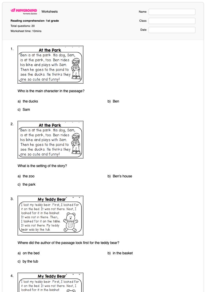Reading comprehension- 1st grade - พิมพ์ได้ การอ่าน เวิร์กชีท ระดับ 1 - Wayground