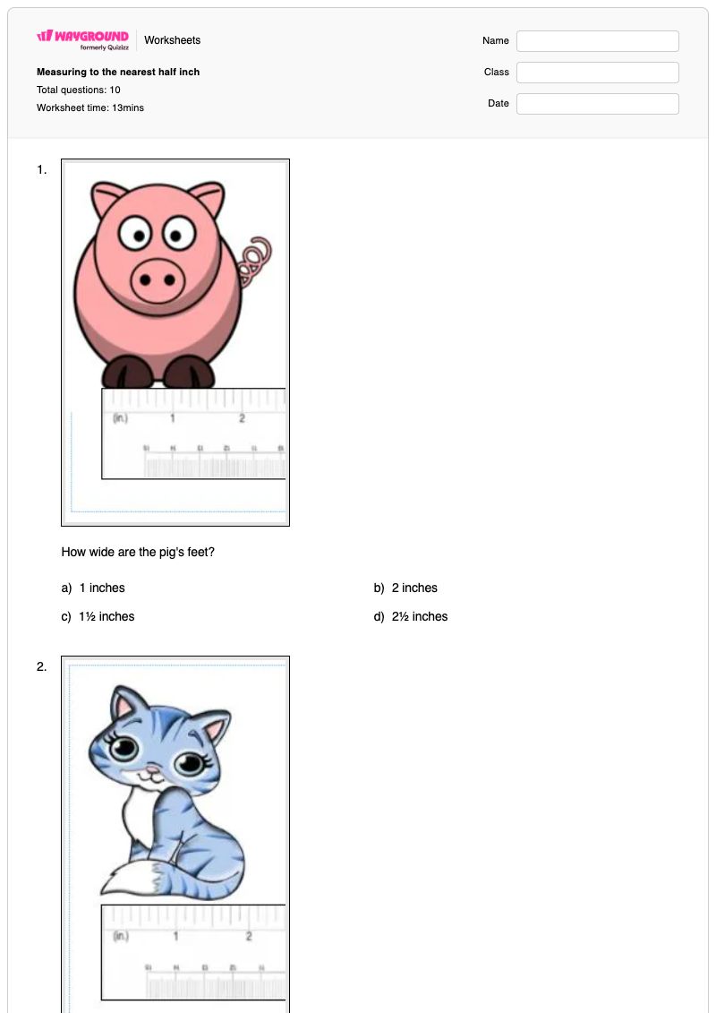 Measuring to the nearest half inch - Printable Measuring-in-inches Worksheets - Wayground